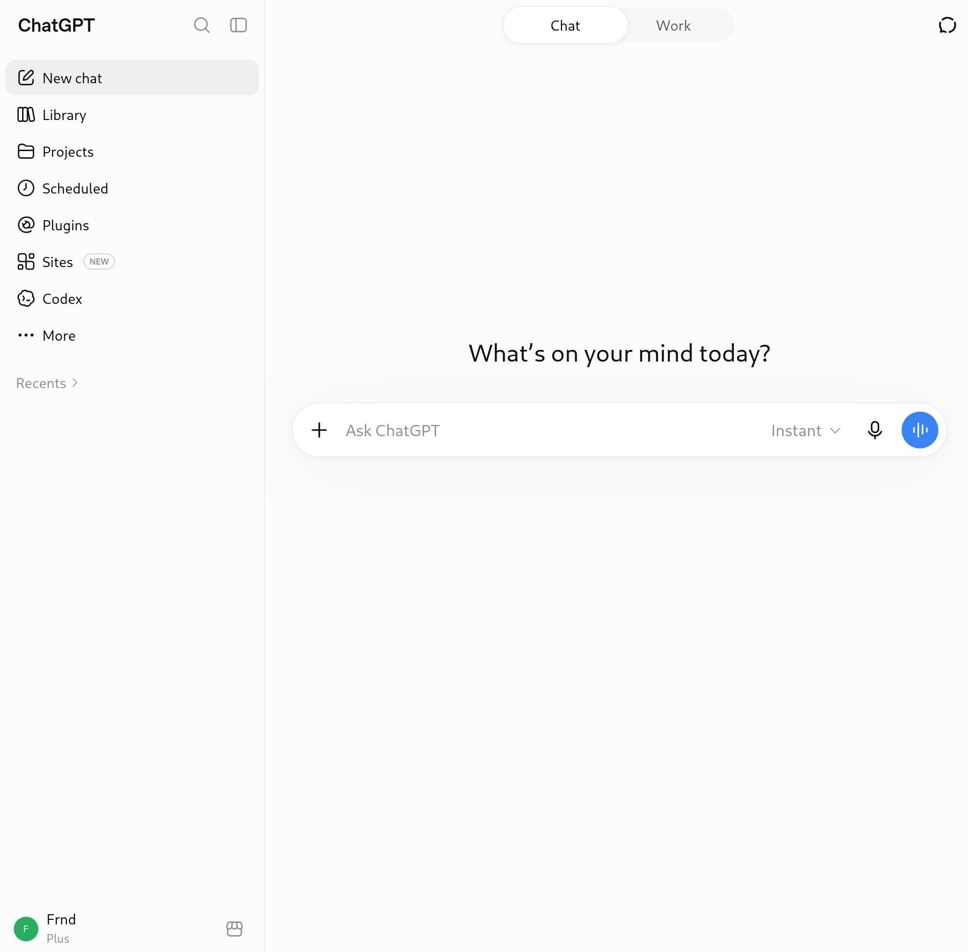 ChatGPT's start screen, with New chat highlighted in the sidebar.