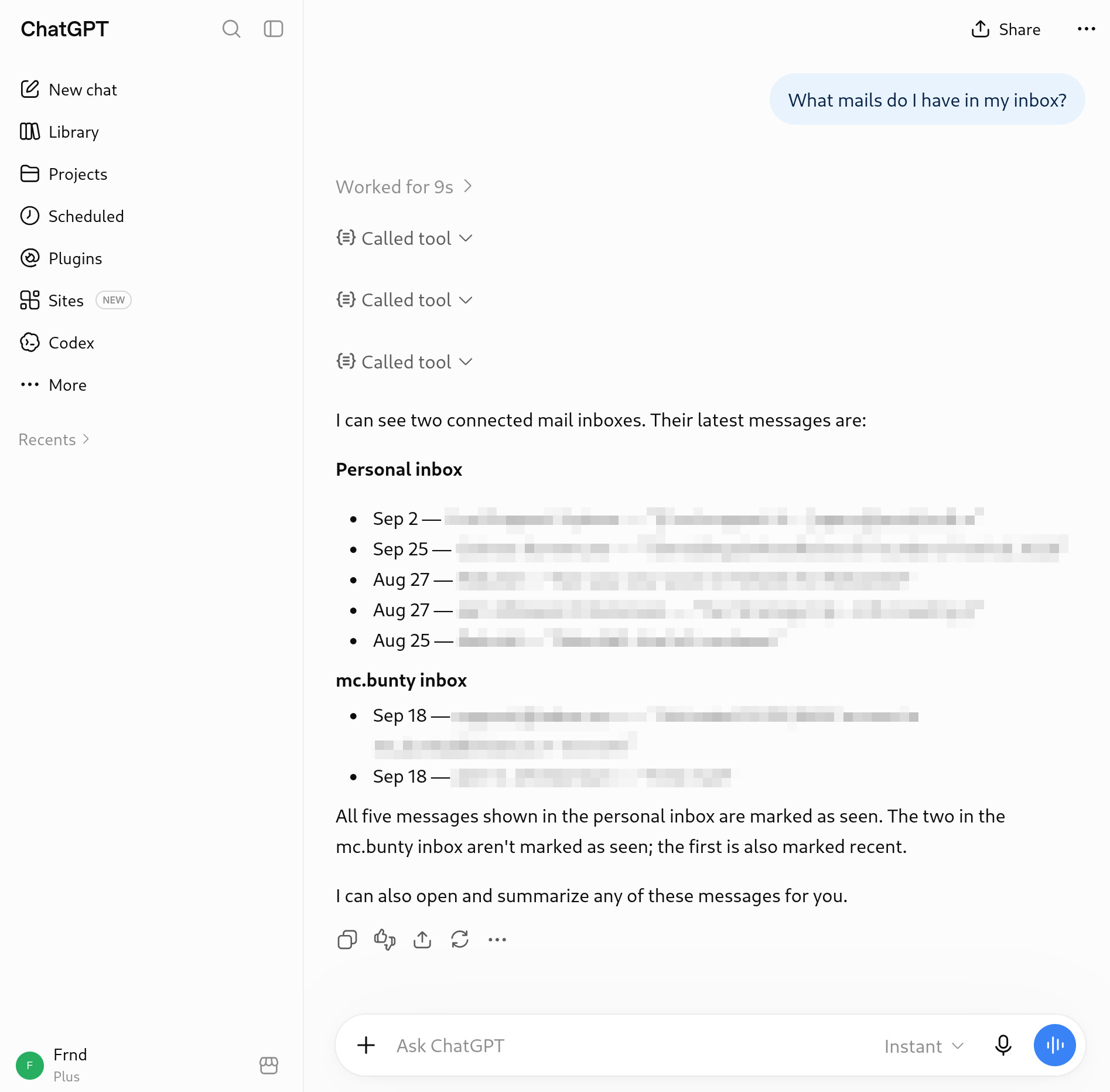 A ChatGPT chat where Frnd has listed the emails in the user's inboxes.
