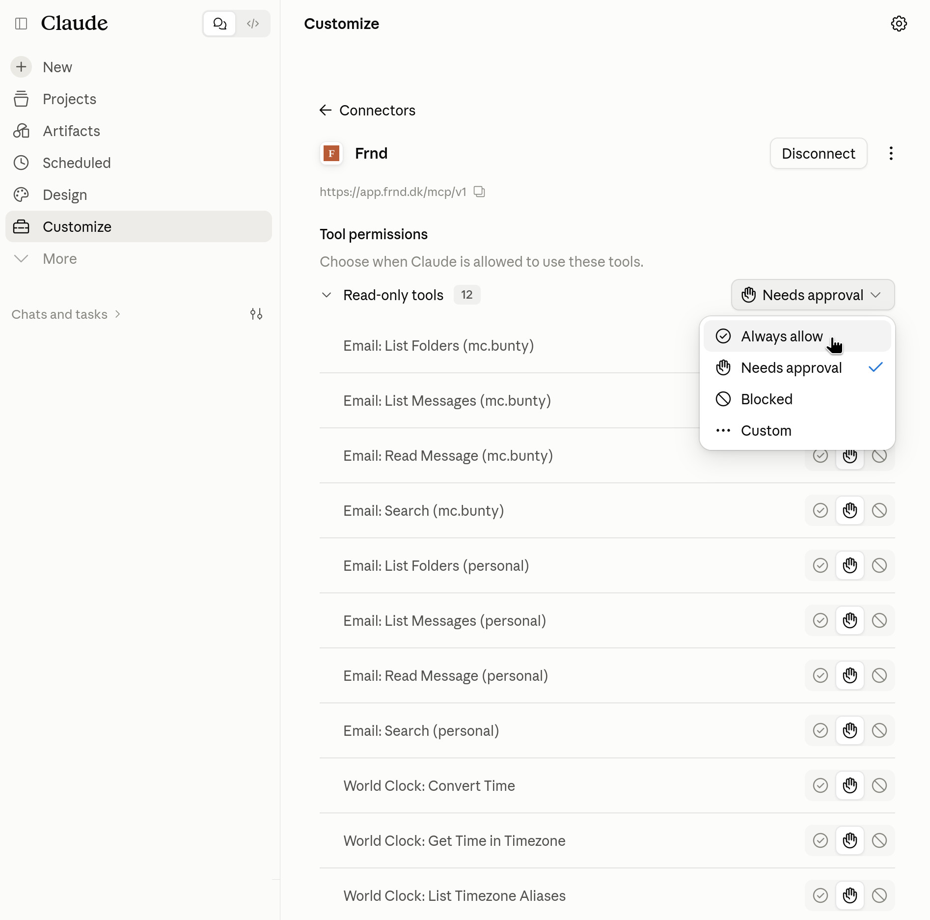 The permission dropdown for a group of tools, with Always allow, Needs approval, Blocked, and Custom options.