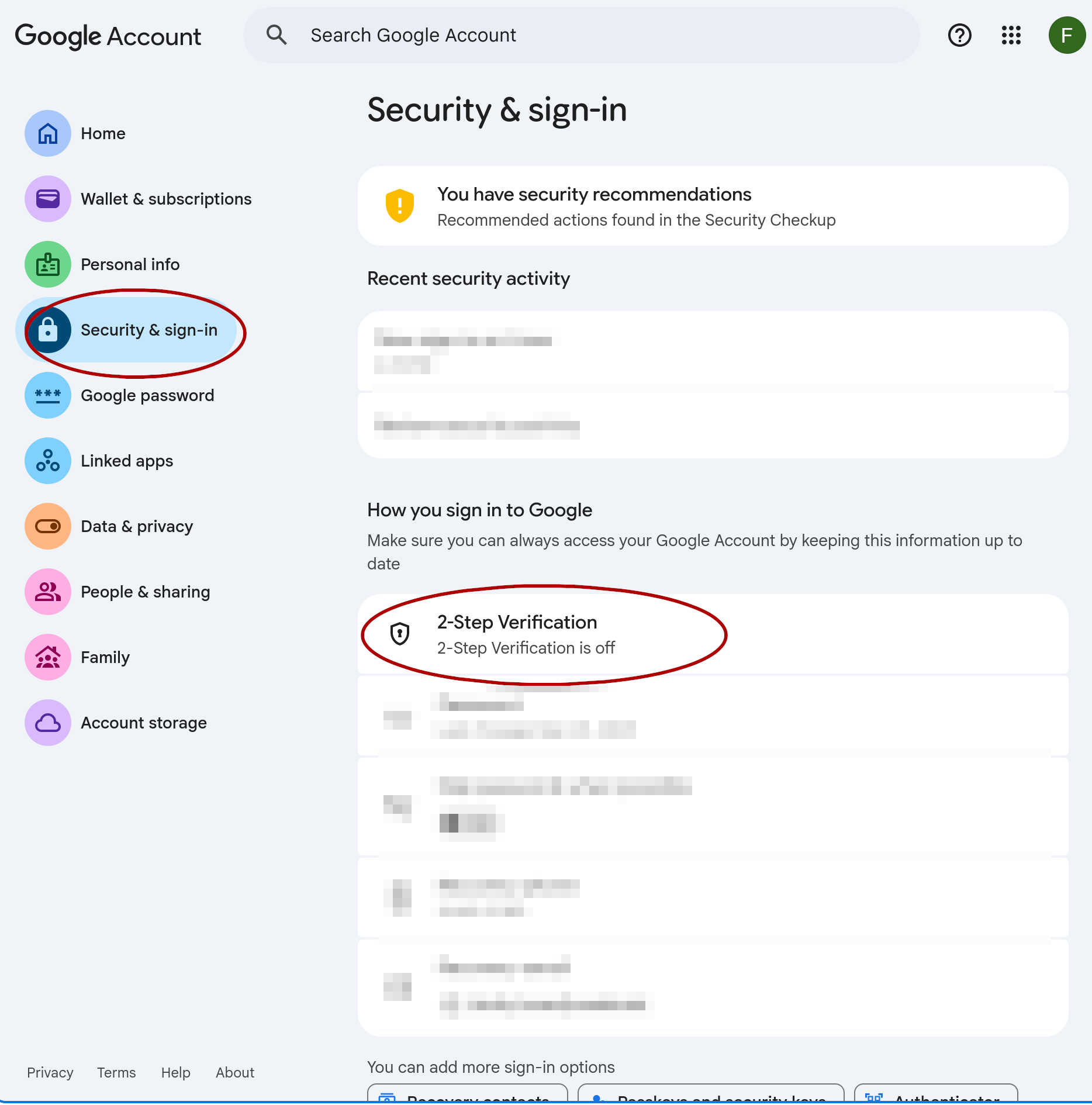 Google Account Security & sign-in page, with 2-Step Verification shown off.