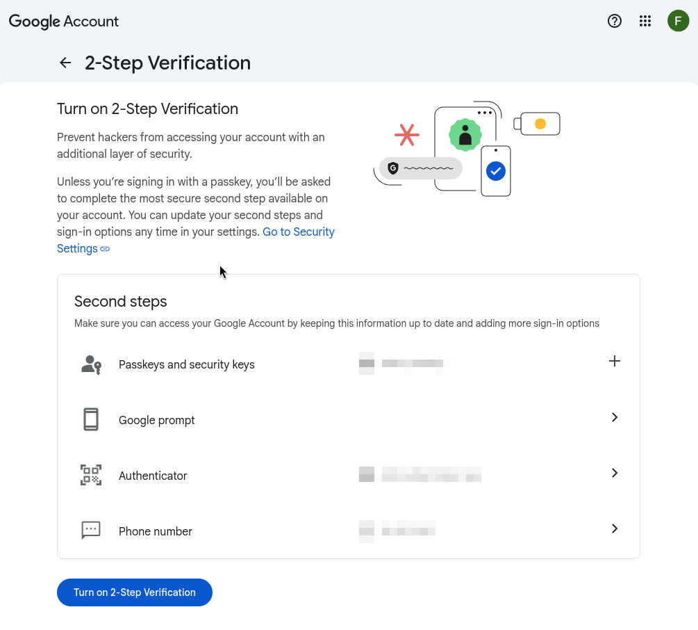 Google's 2-Step Verification page, showing the available verification methods.