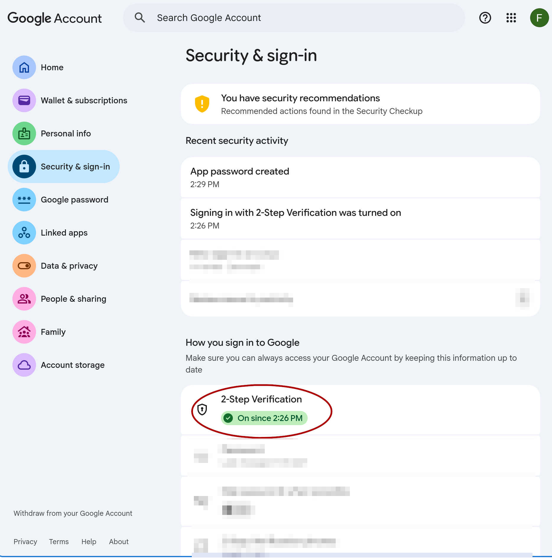Google Account Security & sign-in page, with 2-Step Verification shown on.