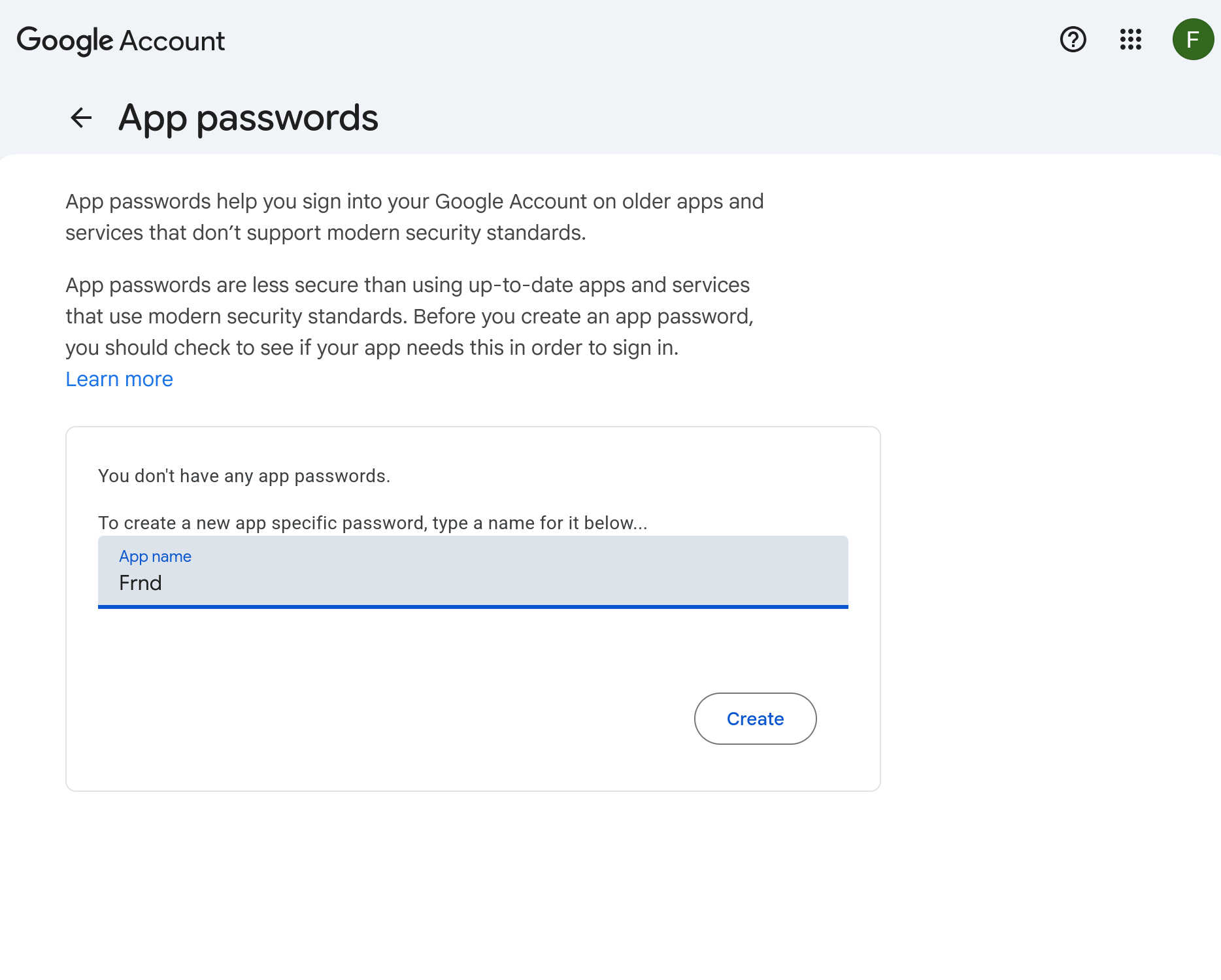 Google App passwords page, with the app name field filled in as Frnd.