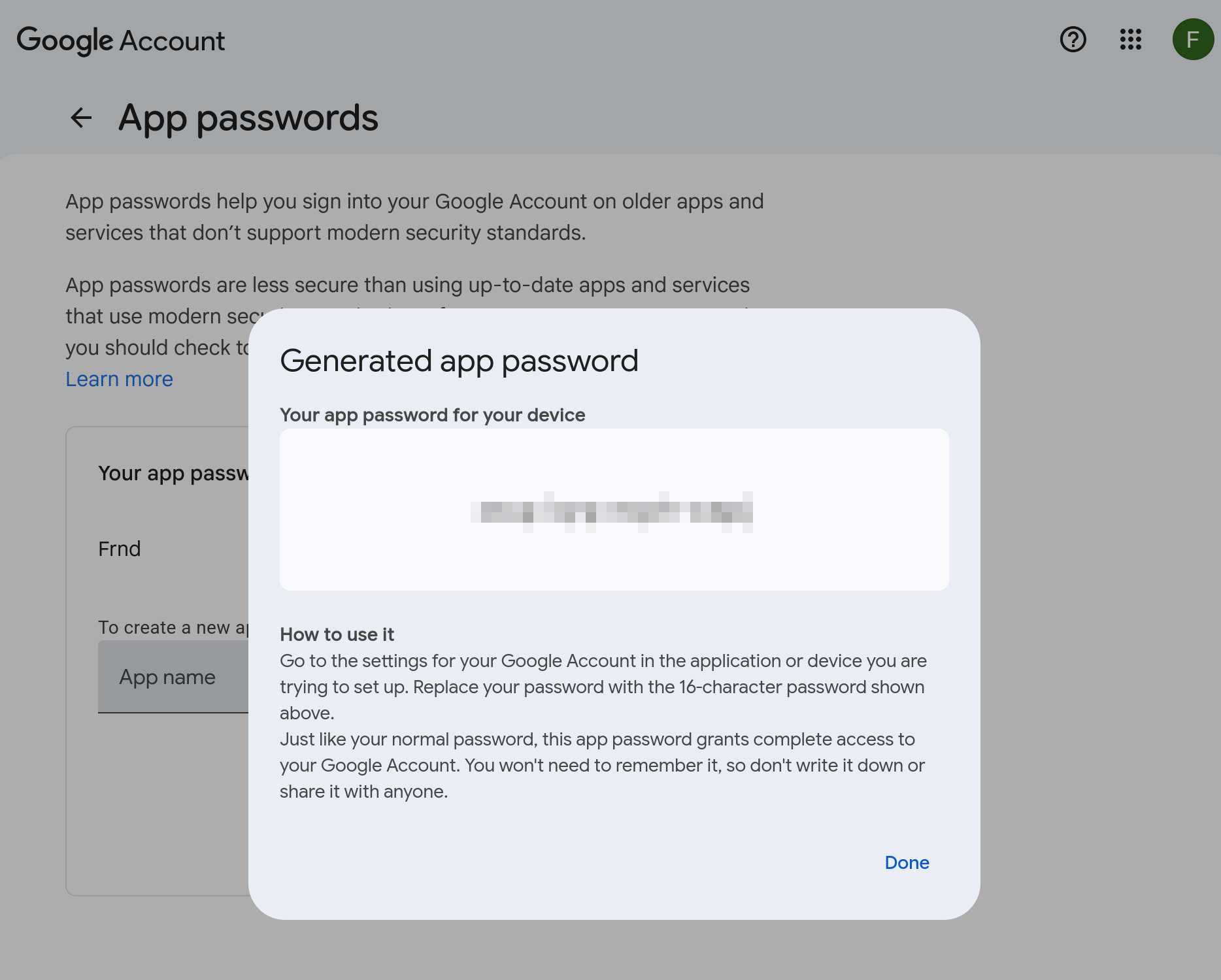 Google App passwords page, showing the generated app password.