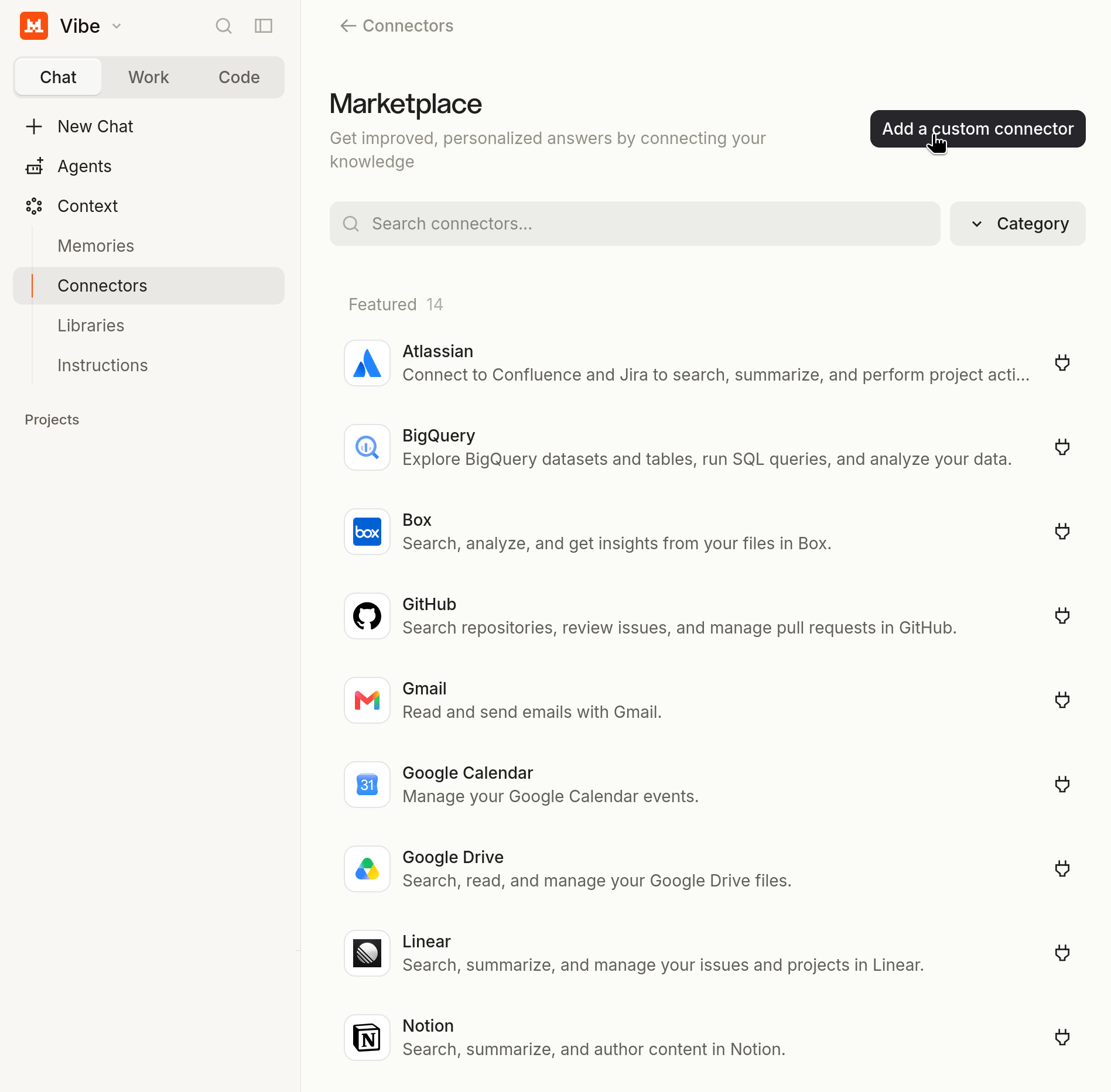 Mistral's connector marketplace, with the Add a custom connector button in the top right.